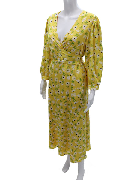 Maggy London Womens Maxi Floral V-Neck Yellow Dress 3/4 Sleeve Size 16