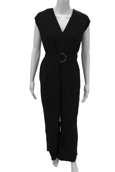 MNG Womens Black Sleeveless Jumpsuit Buckle V Neck Solid Size 2XL