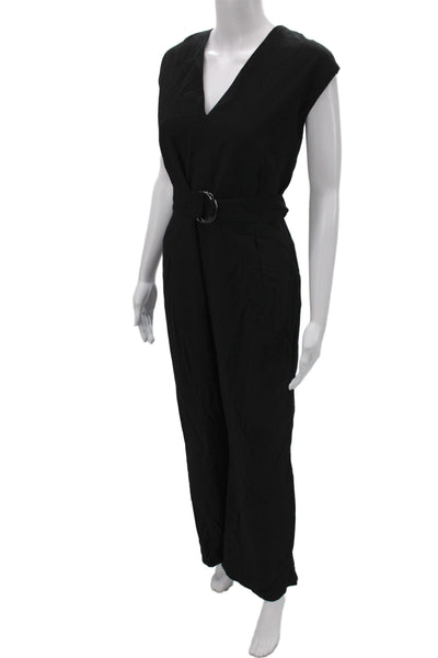 MNG Womens Black Sleeveless Jumpsuit Buckle V Neck Solid Size 2XL