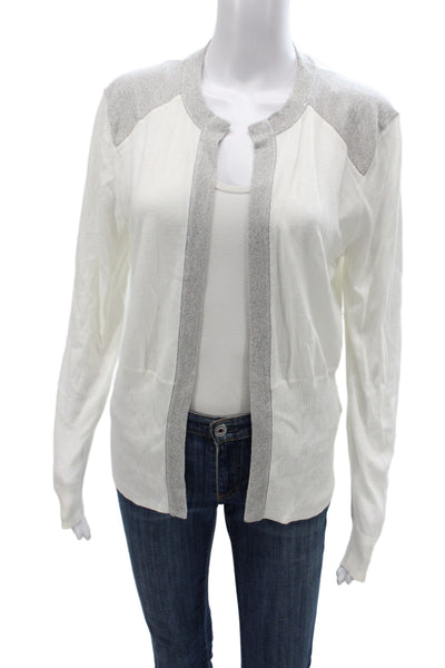 Reiss Women Cardigan White Cotton Round Neck Long Sleeve Solid Size L