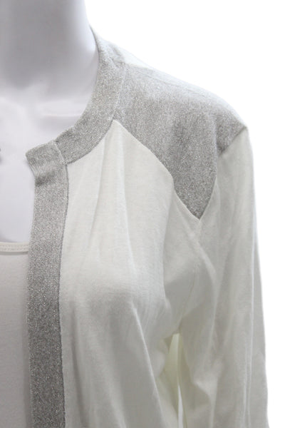 Reiss Women Cardigan White Cotton Round Neck Long Sleeve Solid Size L
