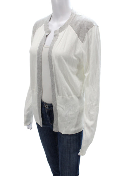 Reiss Women Cardigan White Cotton Round Neck Long Sleeve Solid Size L