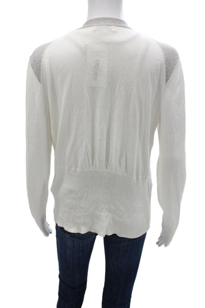 Reiss Women Cardigan White Cotton Round Neck Long Sleeve Solid Size L