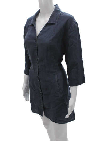 Stella Carakasi Womens Shirt Dress Blue Linen 3/4 Sleeve Button Mini Size XL