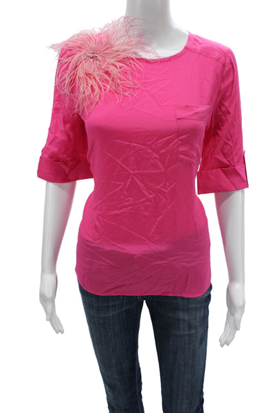Badgley Mischka Women Silk Basic Blouse Pink 3/4 Sleeve Round Neck Size 4