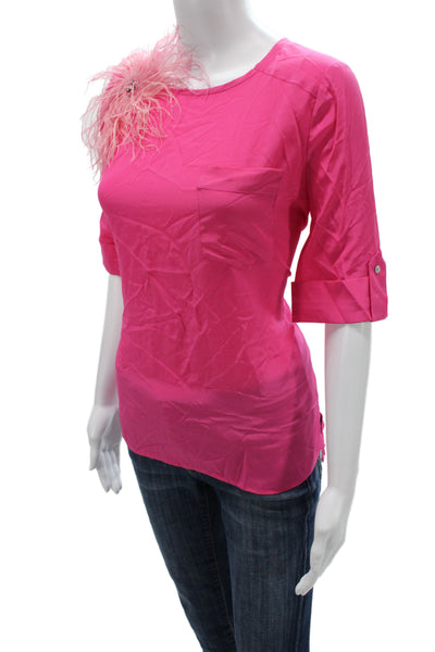 Badgley Mischka Women Silk Basic Blouse Pink 3/4 Sleeve Round Neck Size 4