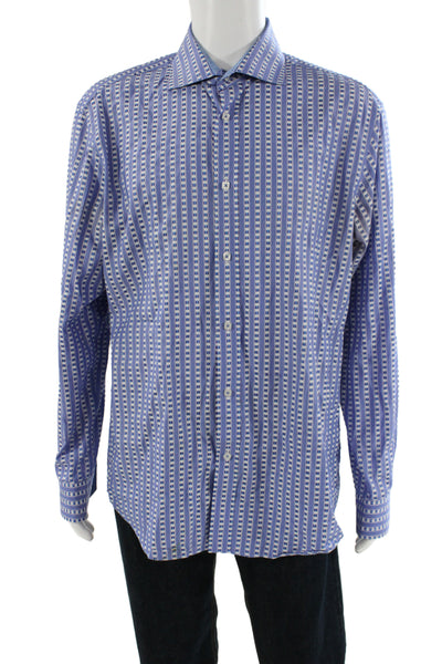 Bugatchi Mens Geometric Collared Long Sleeve Button-Down Shirt Blue Size XL