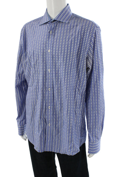 Bugatchi Mens Geometric Collared Long Sleeve Button-Down Shirt Blue Size XL