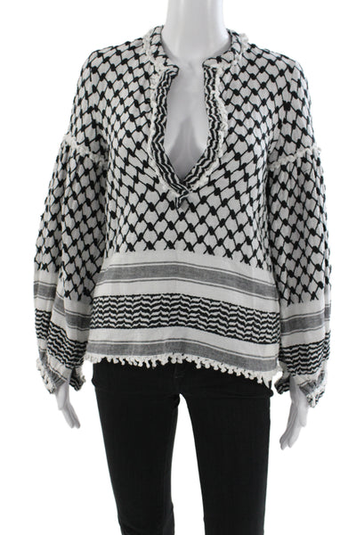 Dodo Bar Or Women Tunic Black V-Neck Geometric Cotton Long Sleeve Boho Size S