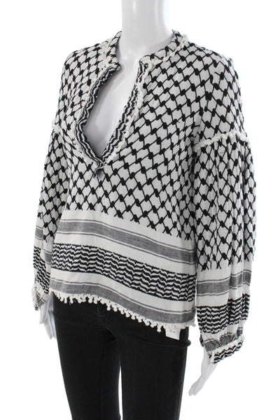 Dodo Bar Or Women Tunic Black V-Neck Geometric Cotton Long Sleeve Boho Size S