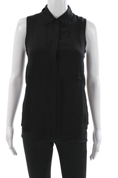Theory Womens Silk Sleeveless Collared Button Blouse Black Petite Size XS