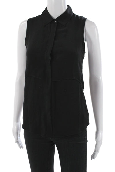 Theory Womens Silk Sleeveless Collared Button Blouse Black Petite Size XS