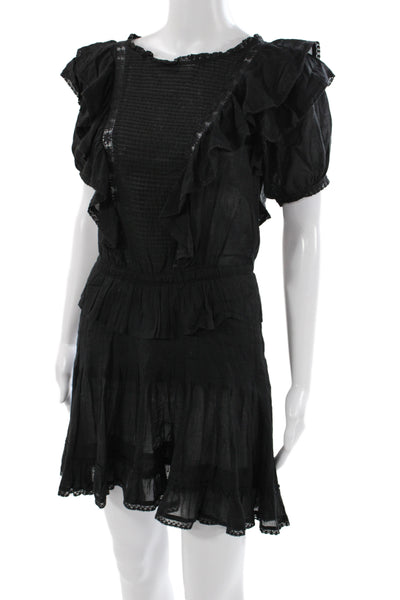 Isabel Marant Etoile Women Black Mini Cotton Dress Short Sleeve Size 34