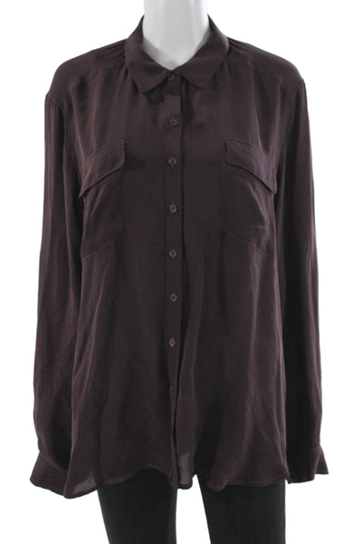 Ecru Womens Purple Silk Collared Long Sleeve Button-Up Top Size L