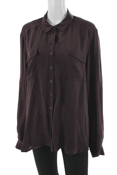 Ecru Womens Purple Silk Collared Long Sleeve Button-Up Top Size L