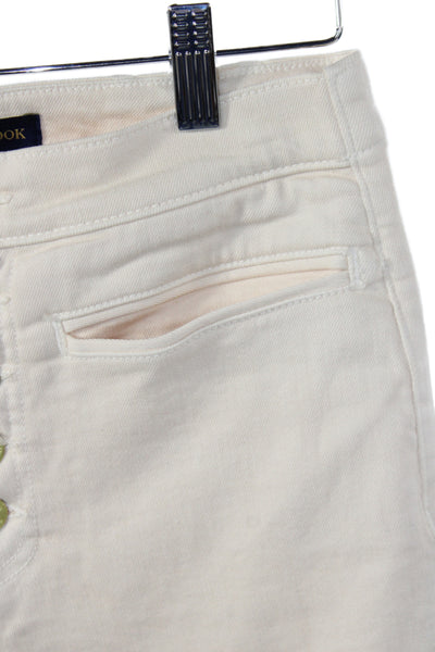 Ramy Brook Womens Cropped Ivory Cotton Pants Mid Rise Button Size 24