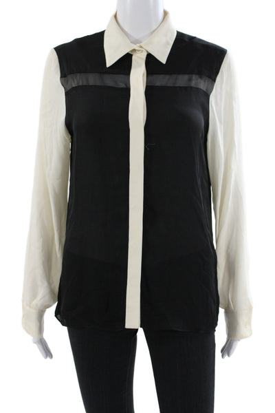 Parker Women Basic Silk Colorblock Collared Long Sleeve Blouse Black Size S