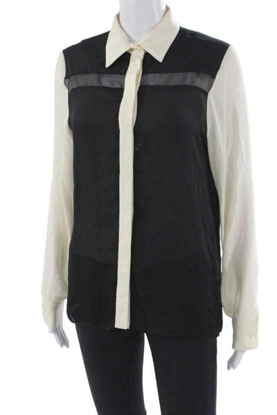 Parker Women Basic Silk Colorblock Collared Long Sleeve Blouse Black Size S