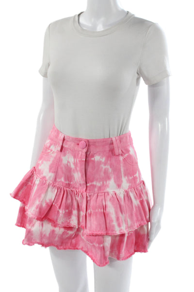 Love Shack Fancy Womens Boho Mini Skirt Pink Multicolor Cotton Button Size 2