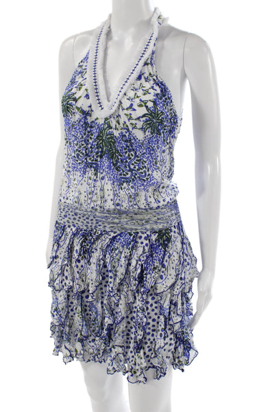 Poupette St. Barth Women Blue Polka Dot Halter Mini Dress Viscose Size S