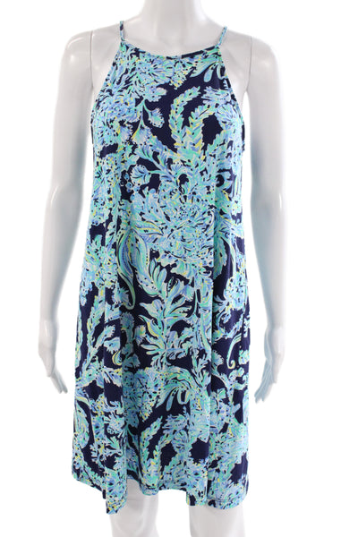 Lilly Pulitzer Women Shift Dress Blue Floral Halter Sleeveless Short Size S