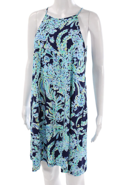 Lilly Pulitzer Women Shift Dress Blue Floral Halter Sleeveless Short Size S