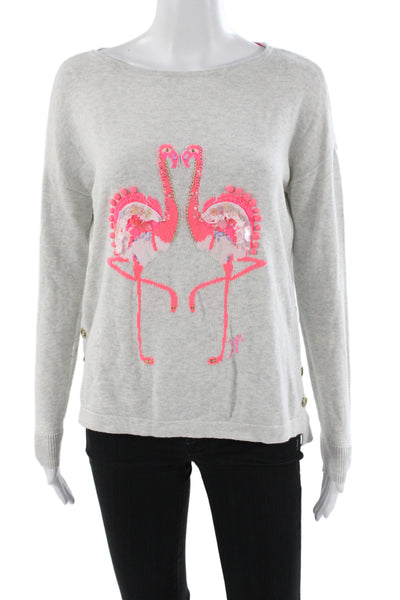 Lily Pulitzer Women Gray Boatneck Long Sleeve Pullover Sweater Flamingo Size XS