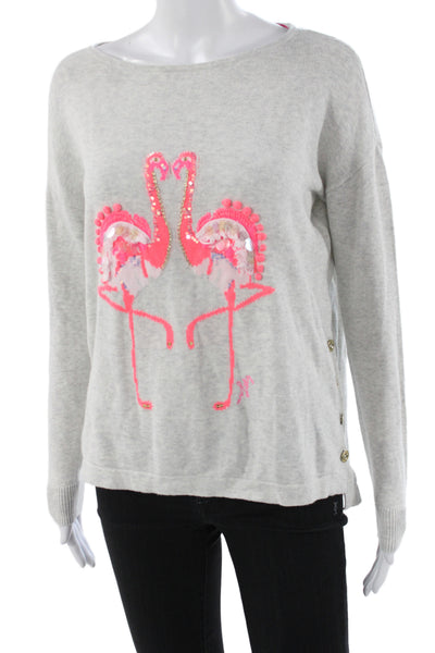 Lily Pulitzer Women Gray Boatneck Long Sleeve Pullover Sweater Flamingo Size XS