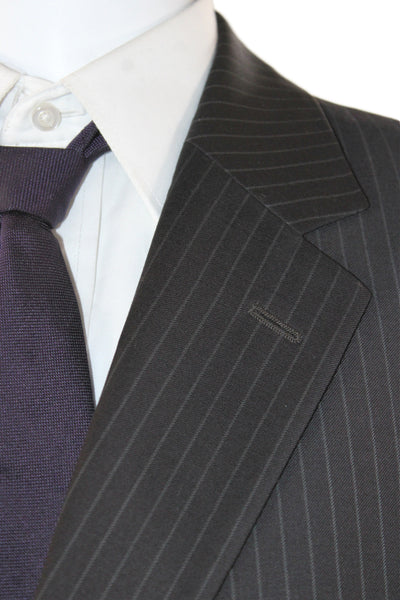 Hugo Boss Mens 2 Piece Black Striped Virgin Wool Business Suit Size 44
