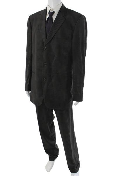 Hugo Boss Mens 2 Piece Black Striped Virgin Wool Business Suit Size 44