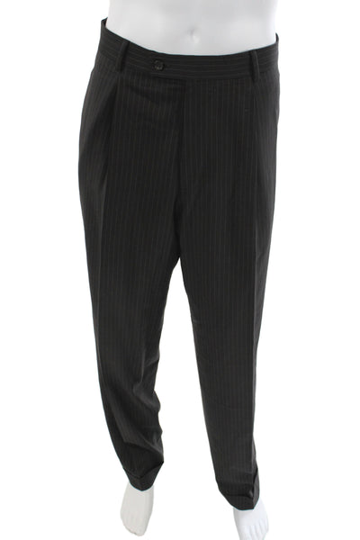 Hugo Boss Mens 2 Piece Black Striped Virgin Wool Business Suit Size 44