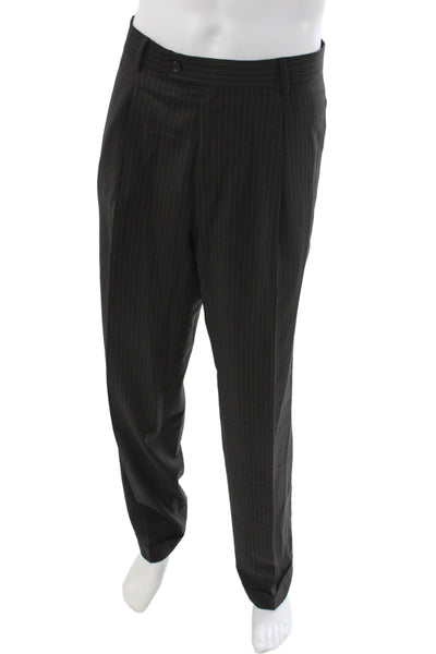 Hugo Boss Mens 2 Piece Black Striped Virgin Wool Business Suit Size 44