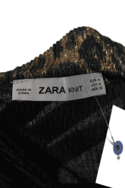 Zara Women Black Animal Print Pleated Long Skirt Pull On Polyester Size M