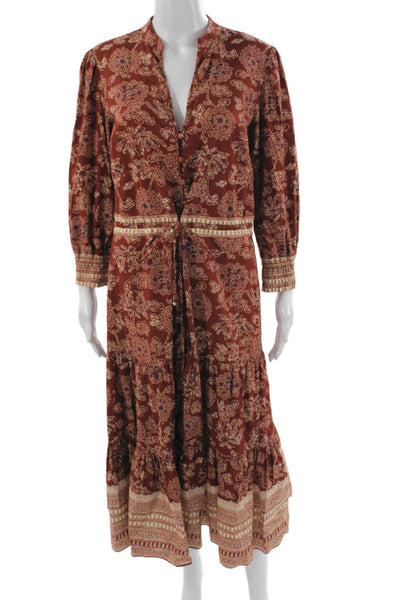 Veronica Beard Women Maxi Floral V-Neck Long Sleeve Brown Cotton Dress Size 6