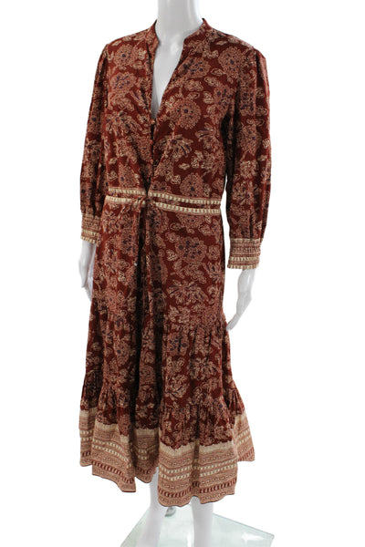 Veronica Beard Women Maxi Floral V-Neck Long Sleeve Brown Cotton Dress Size 6