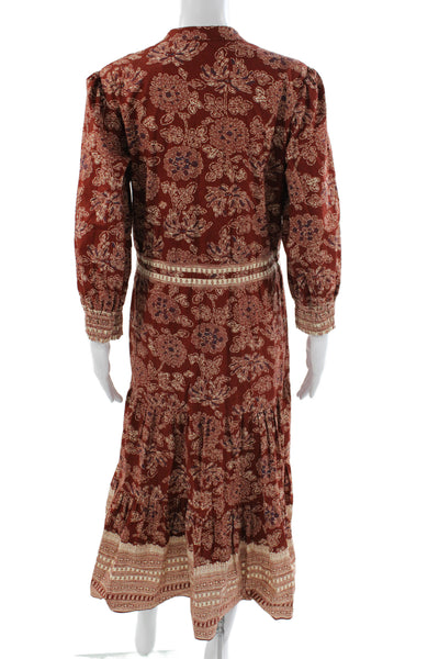 Veronica Beard Women Maxi Floral V-Neck Long Sleeve Brown Cotton Dress Size 6