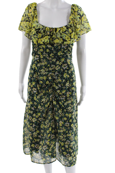 Zara Womens Midi Floral Black Dress Square Neck Short Sleeve Zip Size M