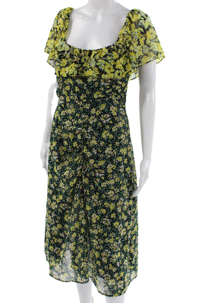 Zara Womens Midi Floral Black Dress Square Neck Short Sleeve Zip Size M