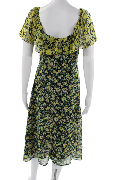 Zara Womens Midi Floral Black Dress Square Neck Short Sleeve Zip Size M