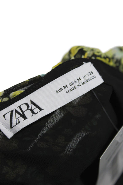 Zara Womens Midi Floral Black Dress Square Neck Short Sleeve Zip Size M