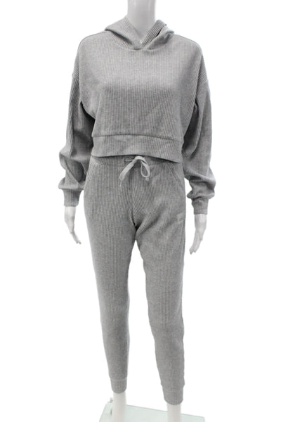 Alo Womens Sweatsuit Hooded Pullover Striped Gray Athleisure Outfit Set Size XS