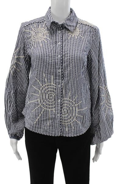 Maeve Anthropologie Womens Striped Blue Tunic Blouse Longsleeve Size 2XS