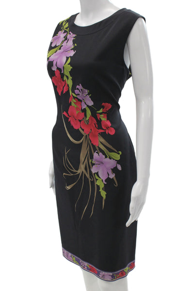 Elie Tahari Womens Sheath Floral Knee Length Black Dress Zip Sleeveless Size 12