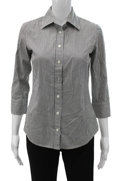 J Crew Women Basic Striped Collared 3/4 Sleeve Button-Up Top Black Size XS