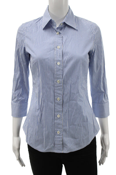 J Crew Womens Striped Collared Button-Up Top 3/4 Sleeve Blue Cotton Size XS