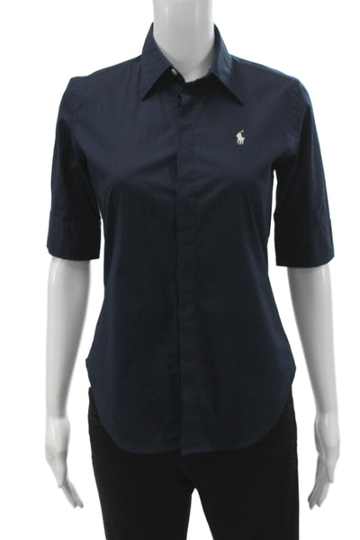 Ralph Lauren Sport Women Blue Collared Button-Up Top 3/4 Sleeve Cotton Size 2