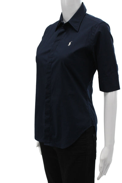 Ralph Lauren Sport Women Blue Collared Button-Up Top 3/4 Sleeve Cotton Size 2