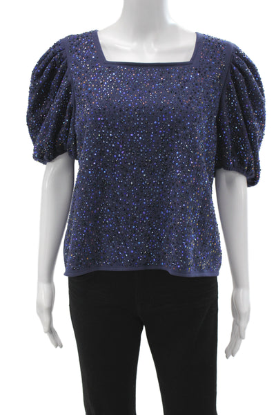 Designer Women Sequin Square Neck Short Sleeve Blouse Blue Size M