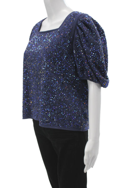 Designer Women Sequin Square Neck Short Sleeve Blouse Blue Size M