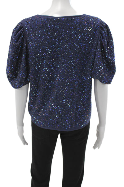 Designer Women Sequin Square Neck Short Sleeve Blouse Blue Size M